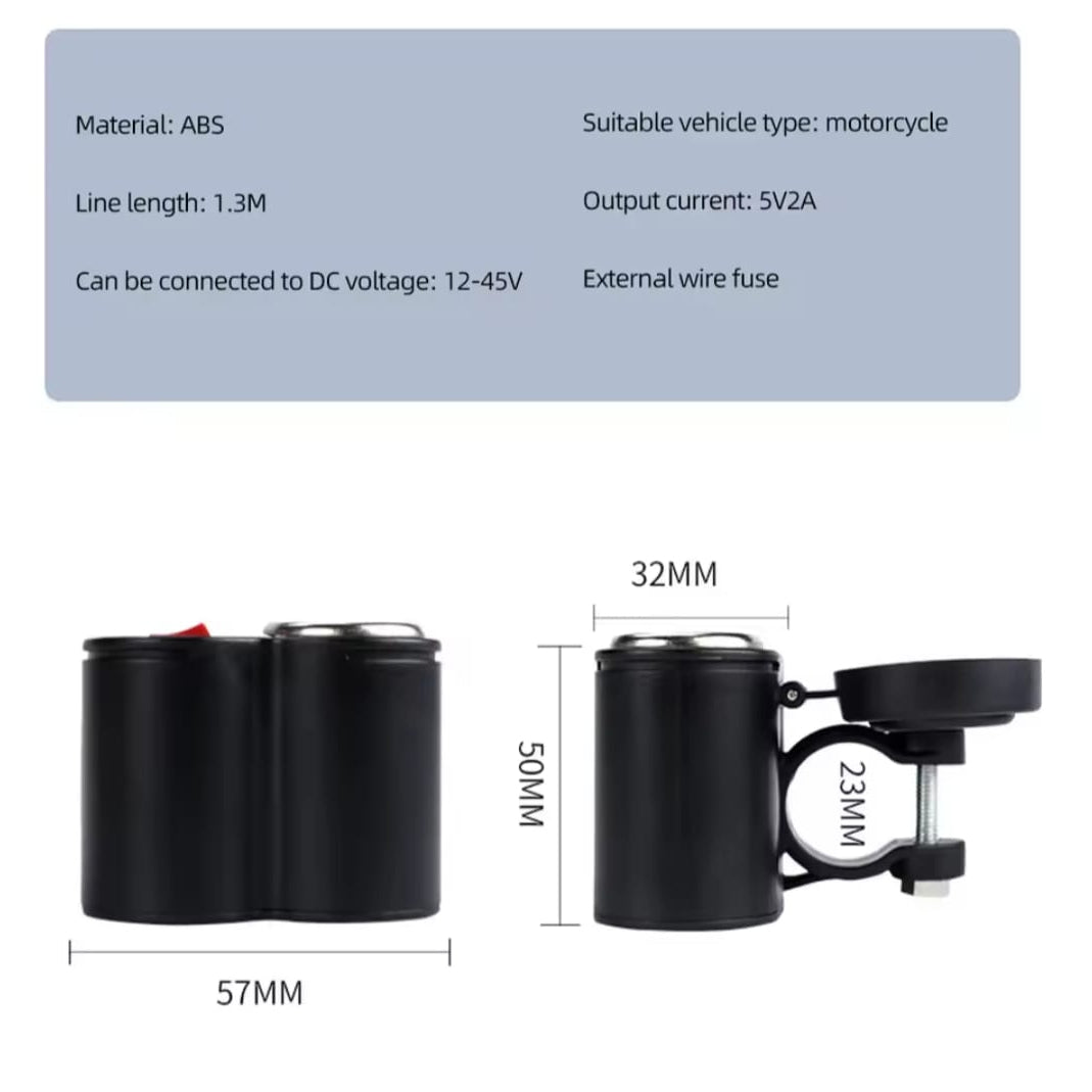 Motorcycle Handlebar Phone Charger Waterproof USB Power Adapter 12V 2.0A With Switch And Cigarette Lighter For GPS Navigation DVR